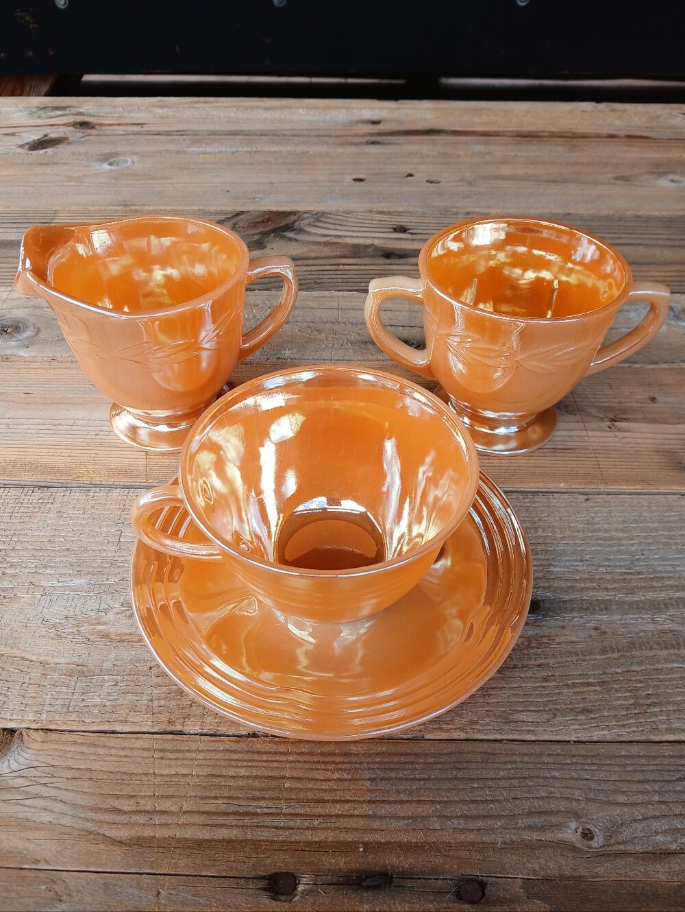 Vintage Peach Fireking Milk Glass Creamer/Sugar Bowl/ Tea And Saucer  Set